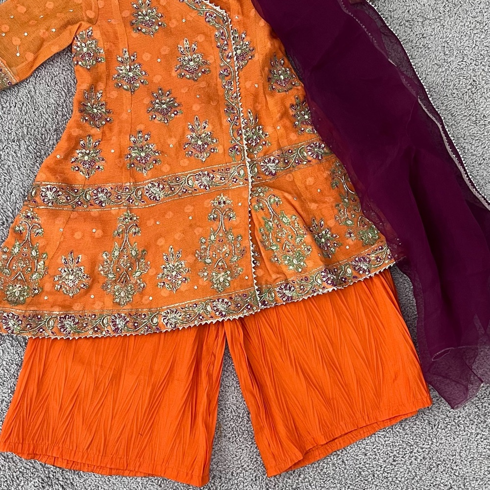 Orange Kids Costume Set with Embellished Top and Purple Scarf